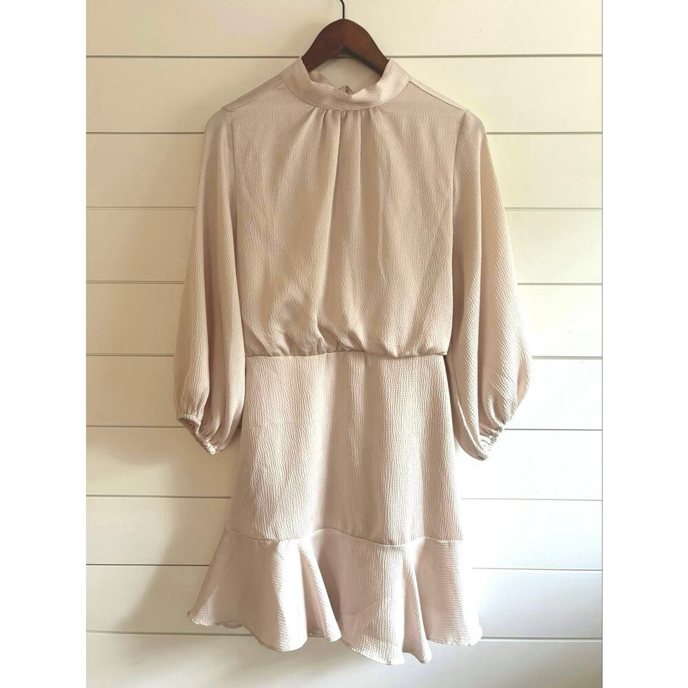 VICI x Tyche Champagne Textured Satin Mini Dress Ruffle Hem Mock Neckline SIZE M